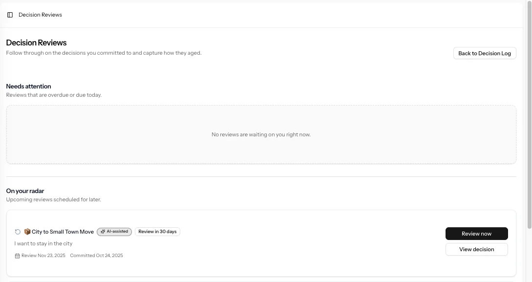 Decision review workflow inside Decision Log